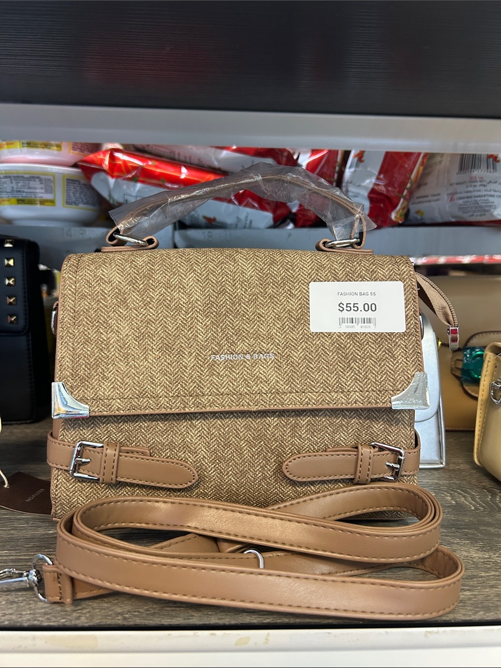 Fashion Bug Brown Herringbone Satchel with Silver Accents